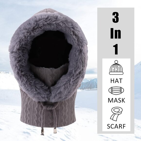 Women Grey Polyester Warm Thick Fluff Beanie Adult Neck Face Winter Balaclava - Picture 4 of 7